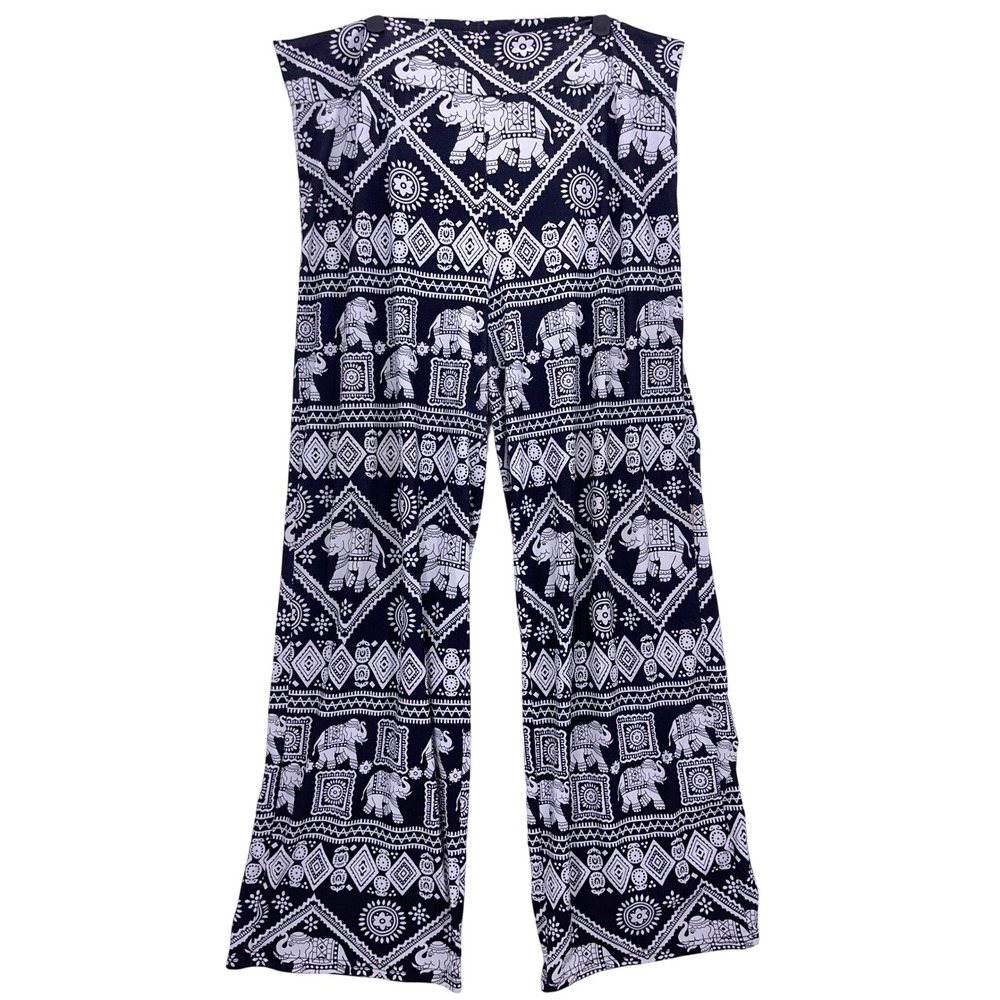 Black White Elephant Print Wide Leg Pants XXL High Waist Curvy Plus Boho Yoga
